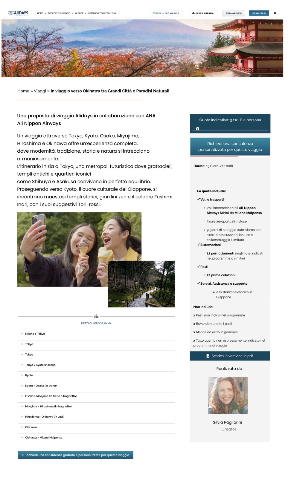 Page of the travel package published on the Alidays site, with the creator’s profile